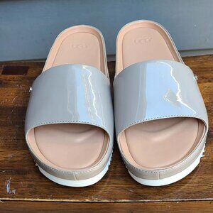 UGG Patent Jane Slides Taupe White NWOT size 7